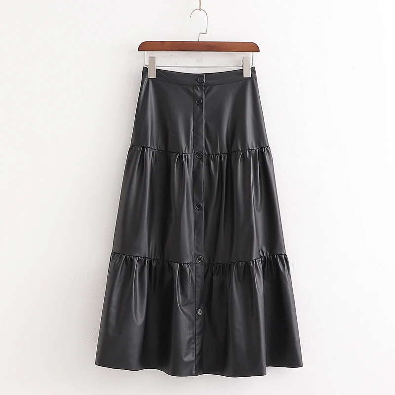 Fandy lokar повседневные свободные юбки из искусственной кожи, женская модная однотонная черная юбка на пуговицах, женские элегантные юбки до середины икры, женские юбки, LP