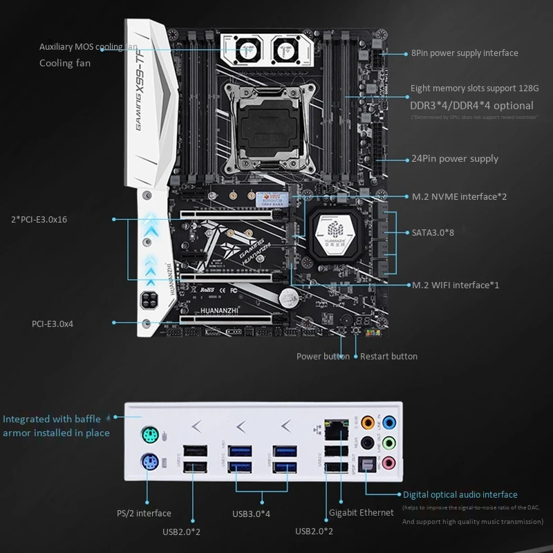 HUANANZHI X99-TF материнская плата с двойным слотом M.2 NVME поддерживает DDR3 и DDR4 LGA2011-3 и LGA 2011