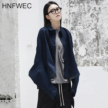 

2019 New Spring Summer Lapel Long Sleeve Dark Blue Denim Loose Big Size Personality Jacket Women Coat Fashion Tide Q605