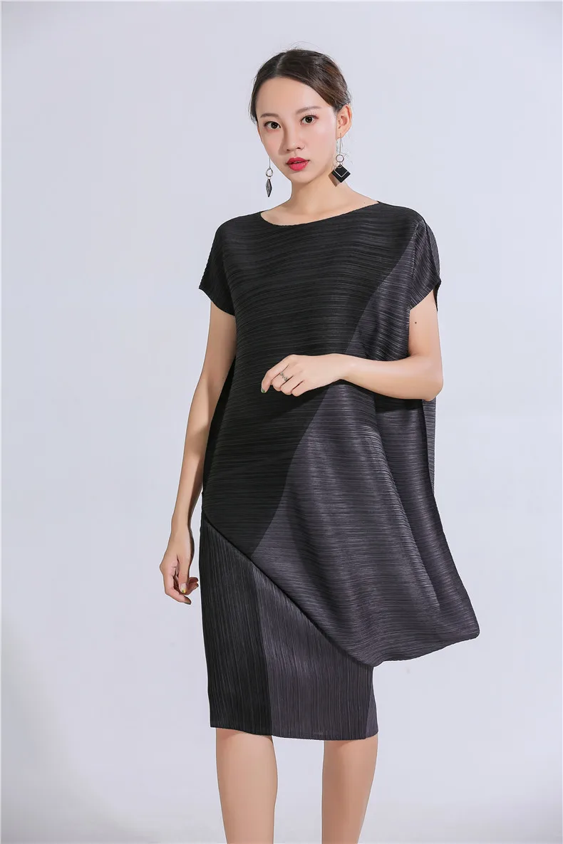 Новое платье Miyake fold, дизайн, несимметричный цвет, большие размеры, свободное платье, плиссированные платья