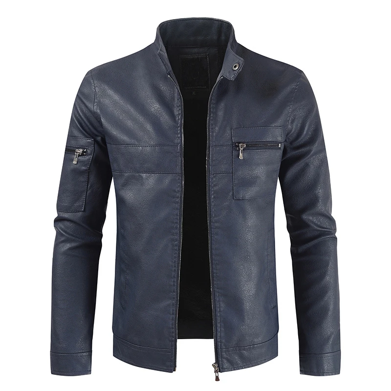 Men Winter Brand New Casual Vintage Warm Fleece Leather Jackets Coat Men Outfit Fashion Pockets Motor Leather Jacket Men - Цвет: Navy