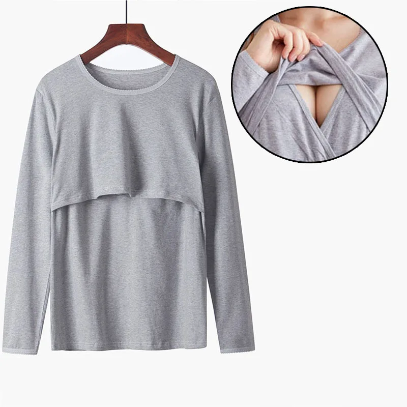 Gray Horizontal Open Футболка из хлопка с длинным рукавом для будущих мам, топ для кормления, рубашка для беременных и кормящих женщин, топы для сна, подштанники - Цвет: Gray Horizontal Open