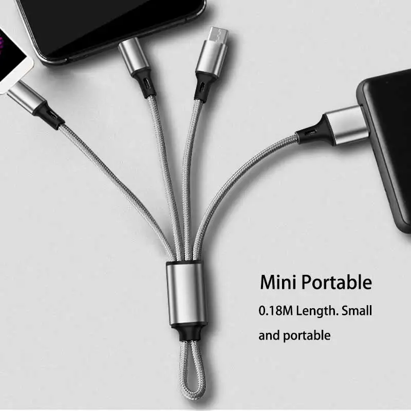 Портативный 3 в 1 USB кабель для iPhone Xs Max XR mi cro usb type-C зарядный кабель для телефона samsung S10 huawei Xiaomi mi 9 - Цвет: Серебристый
