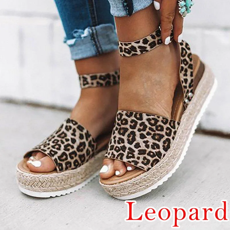 WENYUJH Брендовые женские босоножки обувь модные сандалии-гладиаторы с открытым носком Туфли-лодочки до щиколотки соломы толстая подошва обувь со вставками из кожи, имитирующей фактуру змеиной кожи римские сандалии chaussures; большие размеры - Цвет: leopard
