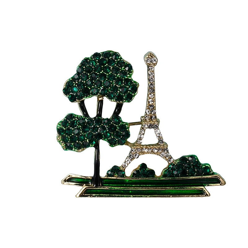 

baiduqiandu Brand New Arrival Green Rhinestones Tree and Eiffel Tower Brooch Pins for Women Fashion Jewelry Gifts