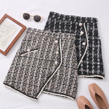Tweed Skirts for Women Solid High Waist Slimming Skirts Autumn Spring 2021 Buttons Double Breasted Tweed Wool Mini Skirt