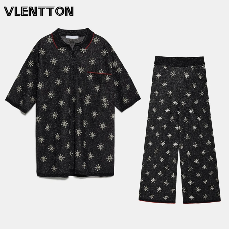 

2020 Summer Vintage Print Knitted Two Piece Set Women Pullover Shirt Tops+Elastic Waist Pants Suit Casual Loose Trousers Female