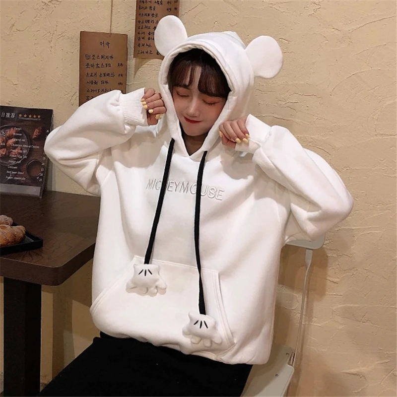 Kawaii/толстовки с вышитыми буквами Микки Мауса для девочек с ушками на капюшоне; Сезон Зима; Harajuku; бархатные теплые милые толстовки с капюшоном на завязках для девочек