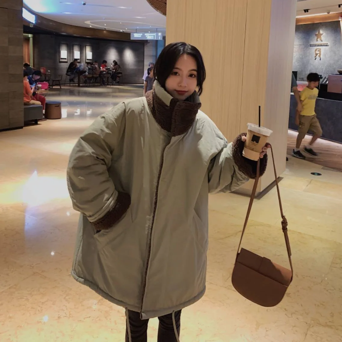 

Photo Shoot CHIC Korean-style Lambs Wool Contrast Color Mid-length Stand Collar Single Breasted BF Reversible Cotton Overcoat Wo