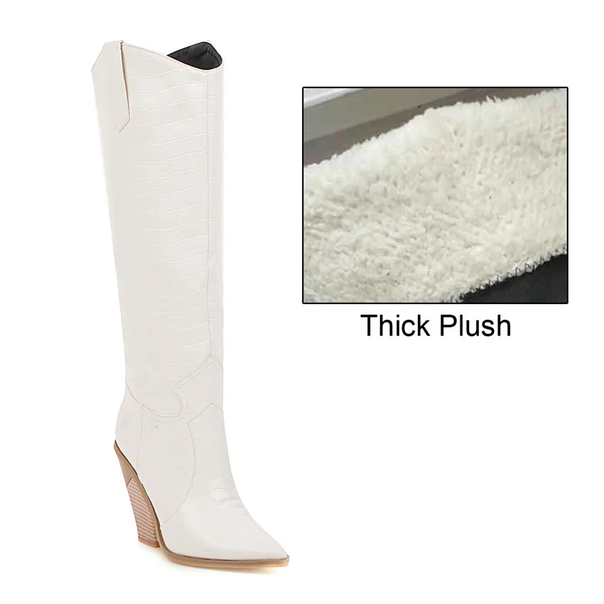 White Thick Plush Зимние женские сапоги до колена; цвет черный, белый, красный; женские ковбойские высокие ковбойские сапоги из искусственной крокодиловой кожи с острым носком на высоком квадратном каблуке - Color: White Thick Plush
