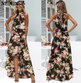 

NEDEINS Summer Sexy Women Dress Boho Floral Maxi Long Dress Sleeveless Dresses Evening Party Beach Side Slit Sundress Woman