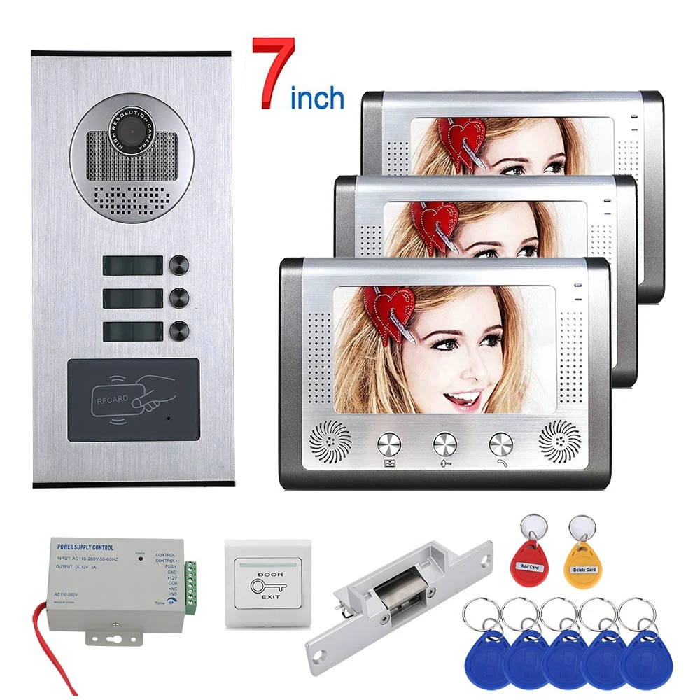 Apartment 7\ LCD Video Door Phone Intercom System + RFID Access Outdoor Camera for 3 Family + Electric Strike Lock