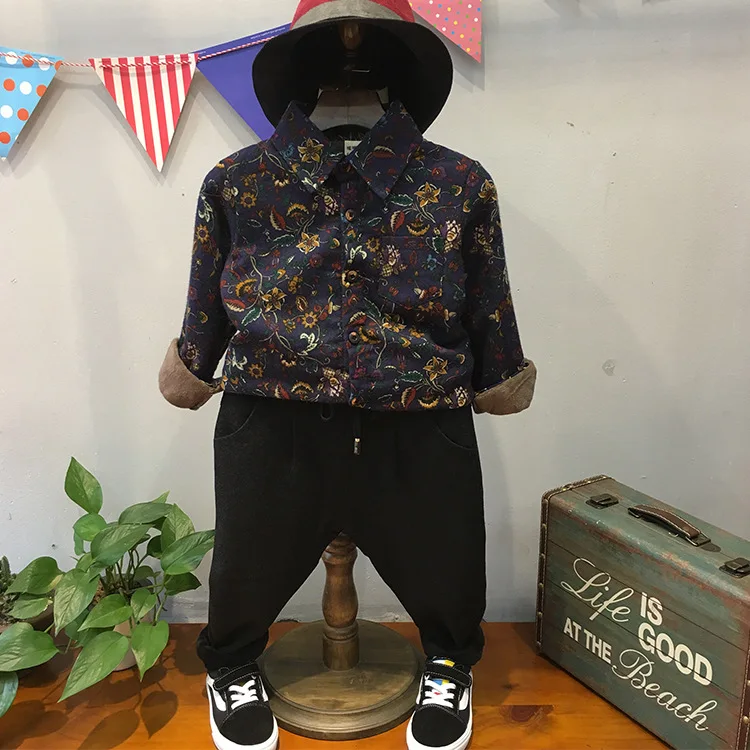 

BOY'S 2018 New Style Winter Shirt Brushed And Thick Corduroy Floral-Print CHILDREN'S Shirt Baby Fashion Shirt