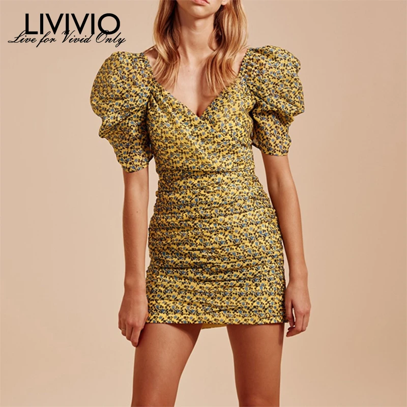 

[LIVIVIO] Elegant Print Dress For Women V Neck Puff Sleeve High Waist Mini Dresses Female Fashion Clothing 2019 New