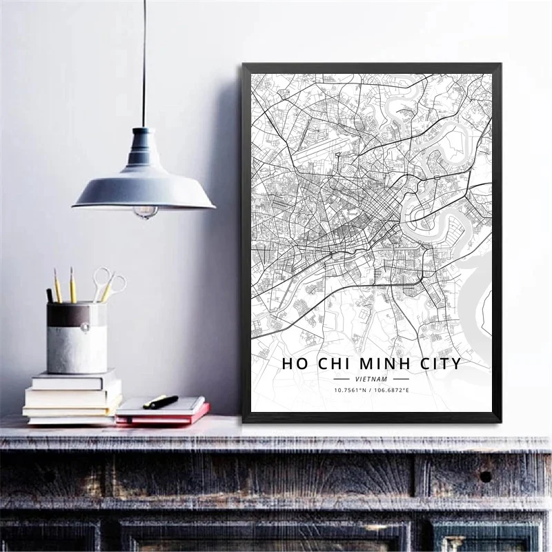 Черно-белая карта города хошиминь из Вьетнама настенная живопись на холсте