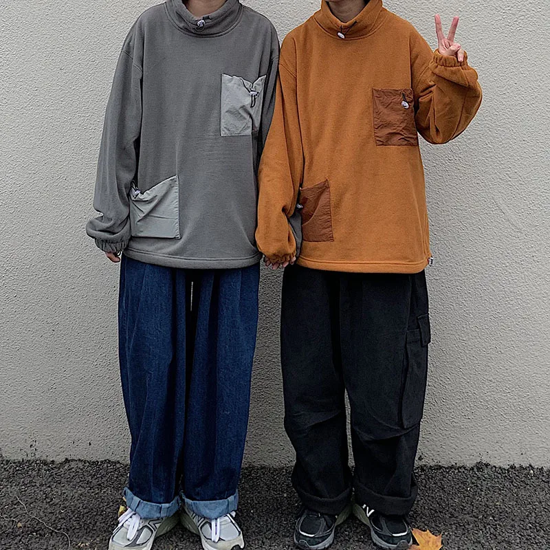 Harajuku толстовки водолазка с карманами корейский стиль Свободный пуловер с длинными рукавами и толстовки модная женская одежда