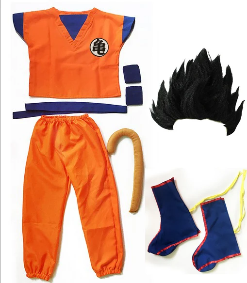 GUI ALL BLACK WIG Костюм Dragon Ball Z, костюм Сон Гоку, маскарадные костюмы, Топ/штаны/пояс/хвост/повязка/парик, тренировочная одежда для взрослых и детей, Рождественский подарок - Цвет: GUI ALL BLACK WIG