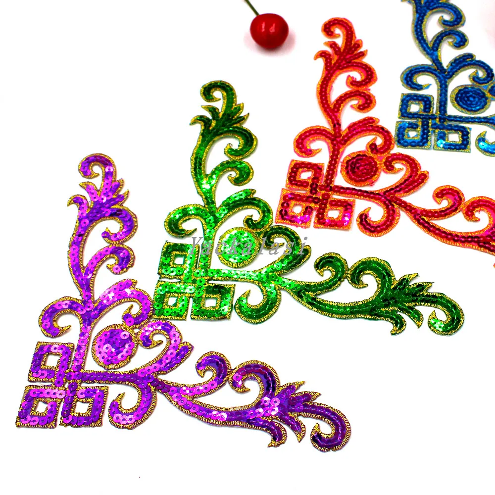 Sequined Applique Gold Embroidery Patches Trims sewing patches,clothing accessories Iron on Cosplay Costumes For Dress 23.5*9cm 1 Piece
