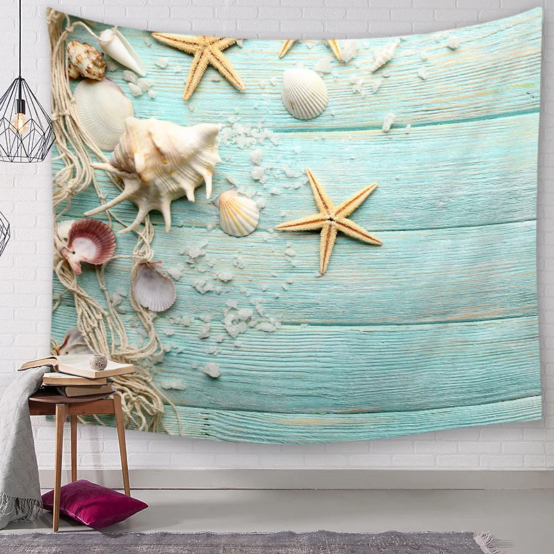 CAMMITEVER Light Blue Wooden Band Sea Star Shells Tapestry Sand Beach Tapestries Throw Blanket Home Decor Wall Hanging | Дом и сад