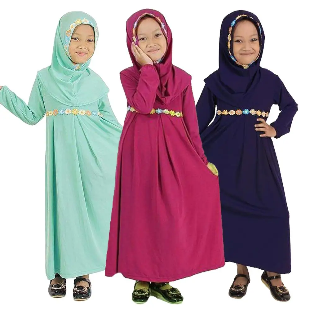 Muslim Fashion Girl Children Long Dress Kaftan Arab Jilbab Abaya Hijab Sets 