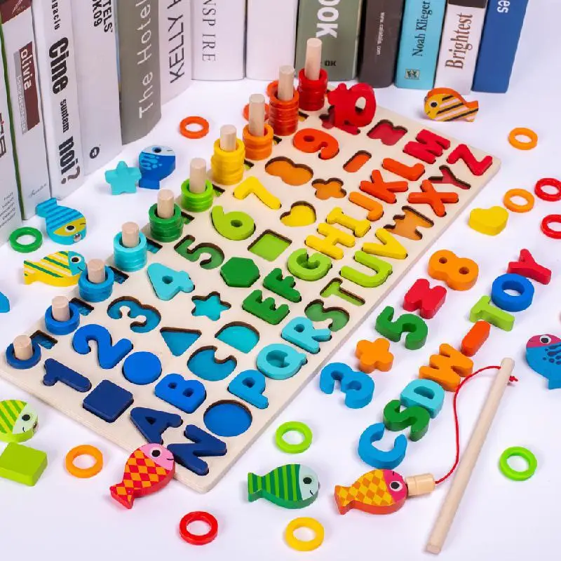 

Montessori Educational Wooden Toys Children Busy Board Math Fishing Children's Wooden Preschool Montessori Counting Geometry Toy