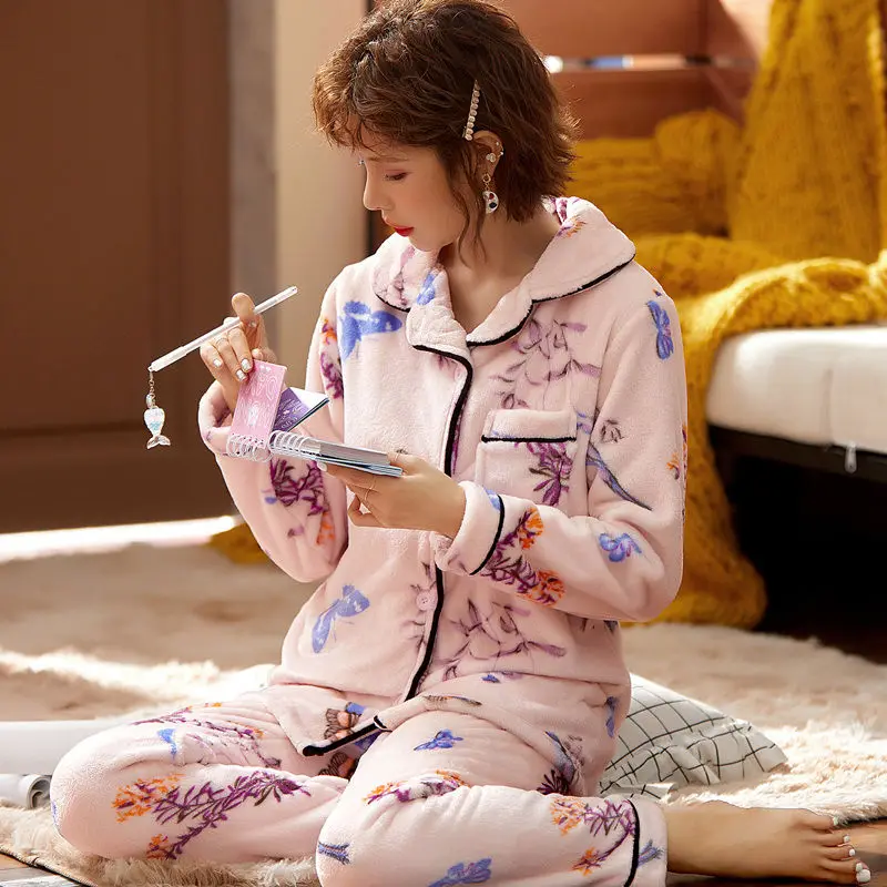 Зимний пижамный комплект для женщин, теплая Сексуальная Женская кружевная пижама с принтом, плюшевая одежда для сна, Фланелевая Пижама для мамы, домашняя одежда - Цвет: Style 9