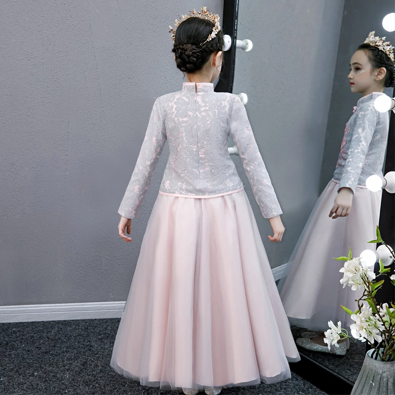 Hanfu/розовый китайский новогодний костюм для девочек, Восточное вечернее платье, плотное свадебное платье с длинными рукавами, детское кружевное платье Ципао