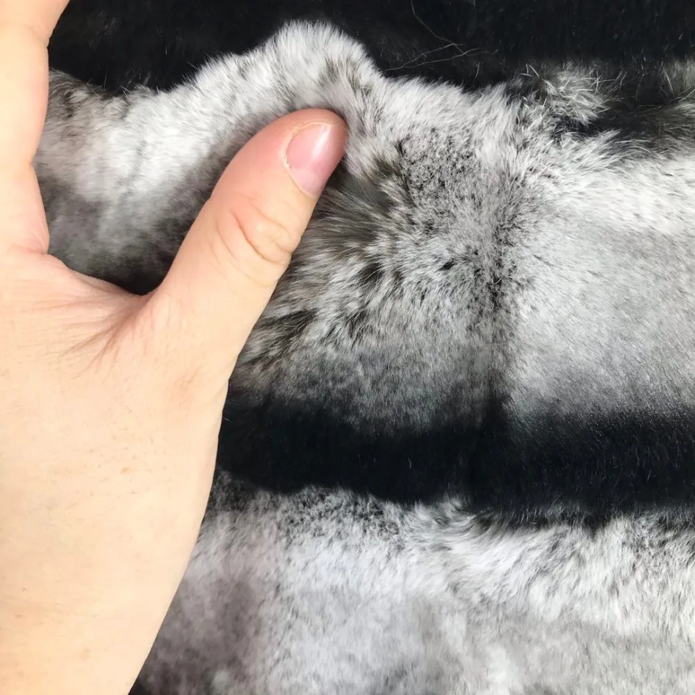 YZ Future Natural Rex Rabbit Fur Coat Long Sleeve Chinchilla Color Fur Long Jackets Striped Pattern with Big Collar Warm coat