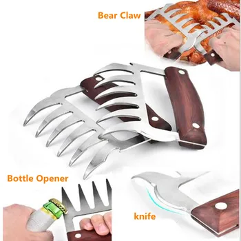 

2 Pcs/Set Multifunction Stainless Steel Bear Claw Wooden Handle Meat Divided Tearing Flesh Meat Shred Pork Clamp BBQ Tools
