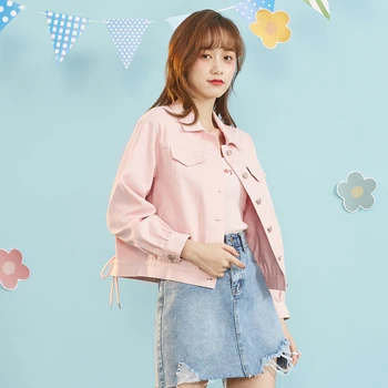 

IEF Spring Causal Women Denim Short Jacket Lapel Loose Full Sleeves Single-breasted Pink Jacket 0D06A-D5051-