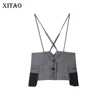 

XITAO Korean Patchwork Personality Slim Camis Gray Single Breasted Sense of Design 2020 Spring Summer New Women Top ZLL5031