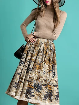

Free Shipping Vintage Print Women's Tassel Pleated Skirt 2020New Spring Fashion Wild A-line Temperament Swing Women's Skirt XL