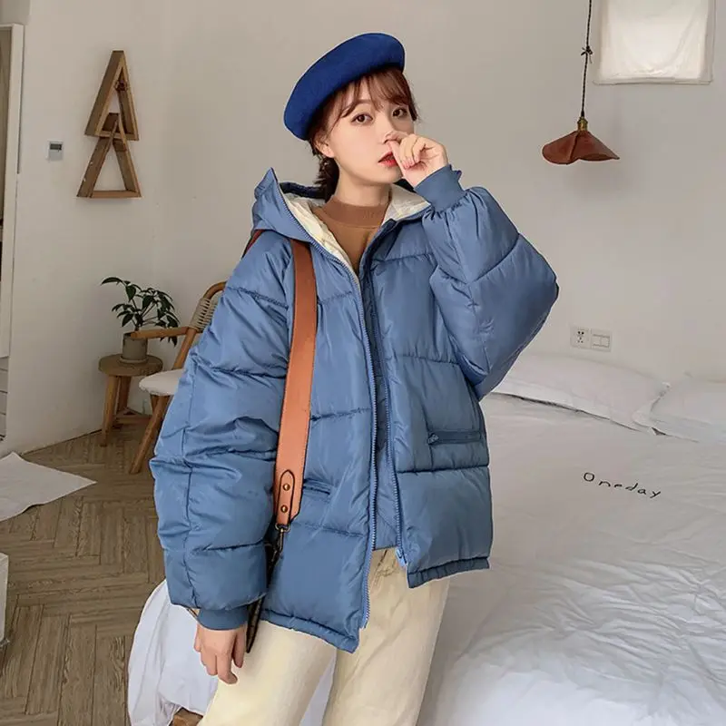 Korean Womens Winter Thicken Cotton-Padded Hooded Jacket Solid Color Oversized Loose Bread Outerwear Zipper Warm Coat