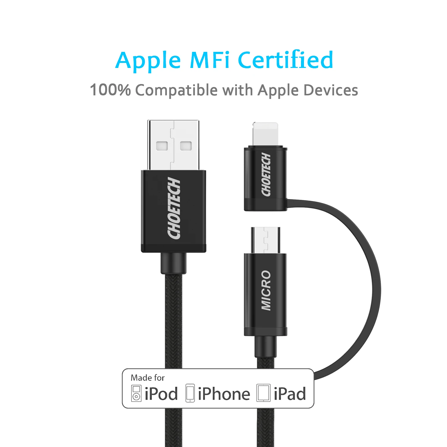 CHOETECH USB 2.4A type-C кабель для samsung Galaxy S10 S9 2 в 1 кабель для быстрой зарядки для iPhone 11 pro X 8 7 Plus кабель для IPad шнур