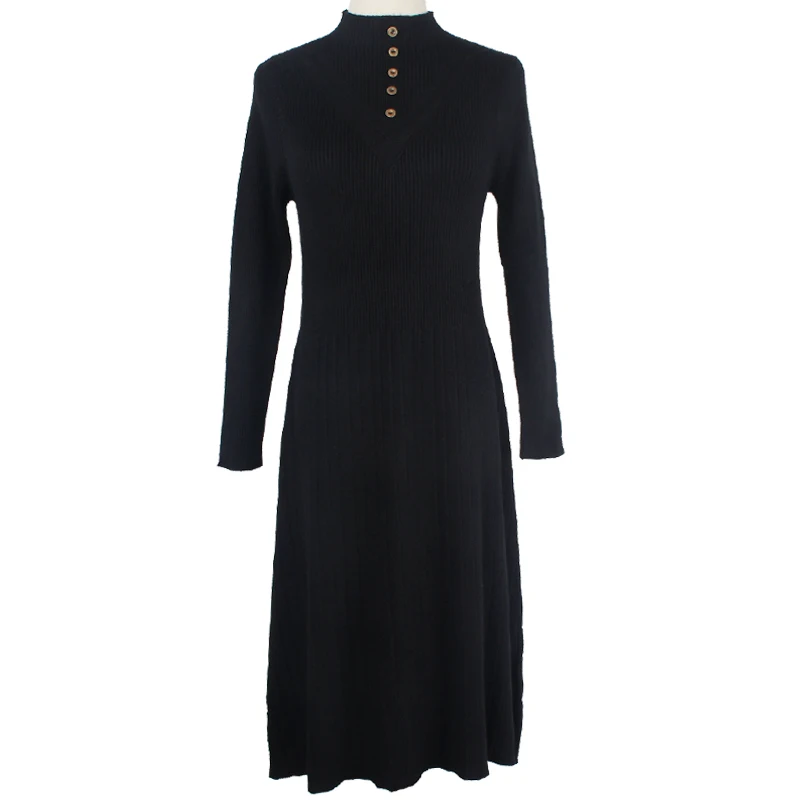 Black With Button GIGOGOU, женское платье-свитер с длинным рукавом, Осень-зима, водолазка, платье трапециевидной формы, вязаное, толстое, теплое, элегантное, миди платья - Цвет: Black With Button
