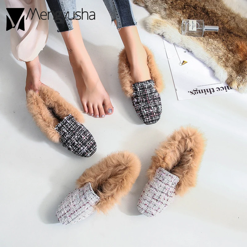 Женские меховые мокасины на плоской подошве кроличьи лоферы без застежки