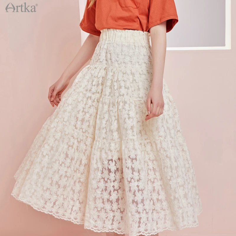 ARTKA 2021 Spring Summer New Women Skirt Elegant Lace Embroidery A Line