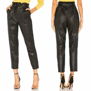 

Women`s Fashion PU Leather High Waist Trousers Ladies Casual Solid Color Skinny Drawstring Ninth Pants