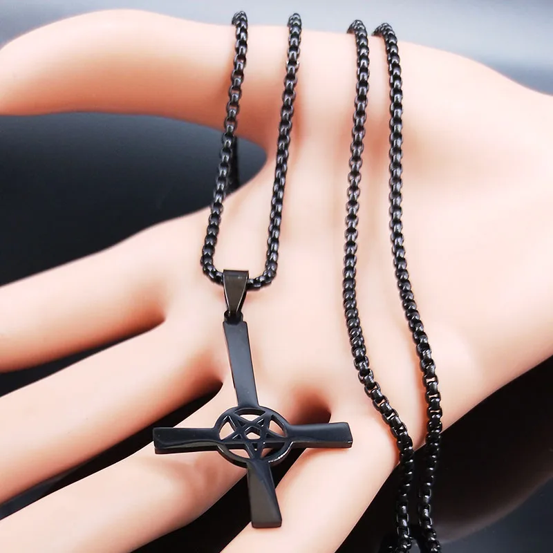 Inverted Cross Occult Pentagram Stainless Steel Chain Necklace for Women Men Black Color Satanic Gothic Satan Necklace Jewelry