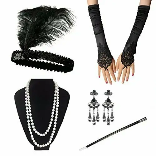 

The 1920s GATSBY Party European and American retro Five-piece Smoke rod feather headpiece with earrings necklace gloves set