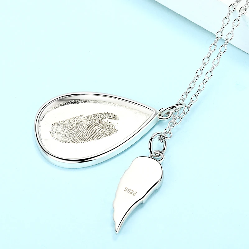 Strollgirl 925 sterling silver Custom fingerprint necklace teardrop with wing pendant chain for women anniversary Jewelry gifts