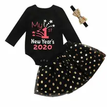 Боди с принтом «My 1st new year»+ юбка в сеточку+ повязка на голову, комплект одежды из 3 предметов для маленьких девочек 0-24 месяцев