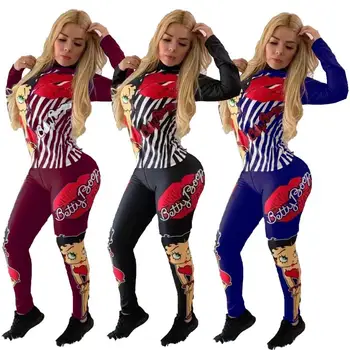 

2019 Sexy Casual Outfits Tracksuit Autumn Ensemble Femme Dos Piezas Women Print Pattern Elegant Two Piece Set Top And Pants