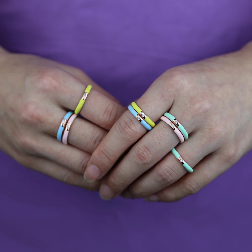 Simple Colorful Women Stacking Finger Band Pastel Enamel Single CZ Simple Ring