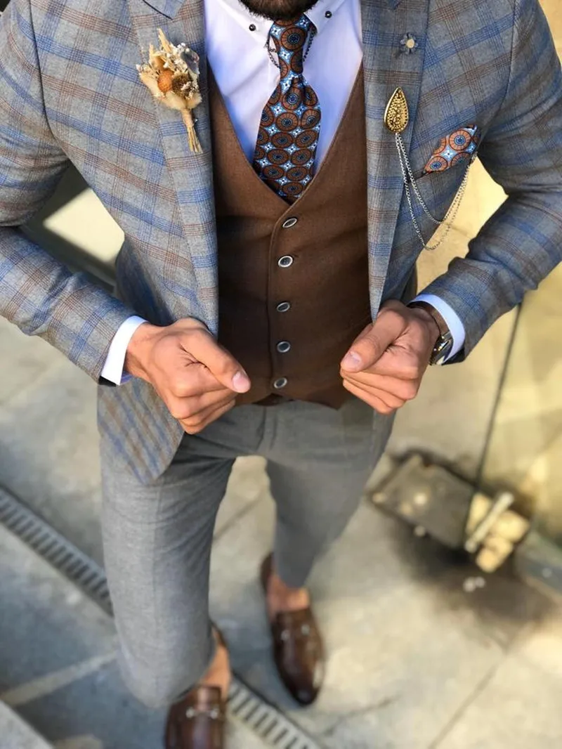 Men's Suits Plaid Wedding Tuxedos Formal Best Man Suit Groom Wear Tuxedos Made 3-Piece Suits (Jacket+Vest+Pants)