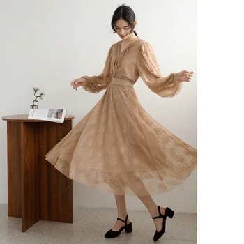 

Women's Runway 2 pieces Set 2019 New Arrival khaki Lace O Neck Long Sleeves Blouse Skirts and Midi Skirt Two Piece Dresses Sets