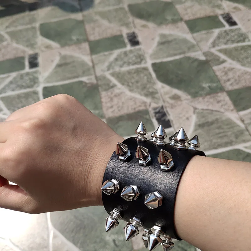 Black Leather Wristband Bracelet Cuff goth gothic bar punk bracelets women men metal armbands cosplay can be adjusted jewelry - Image 2