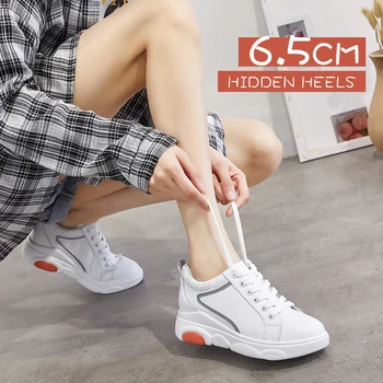 

ZHR 2020 Height Increased Casual Shoes Woman PU Leather Wedge Platform Sneakers Lace Up Hidden Heel Ladies Shoes Female 6.5cm