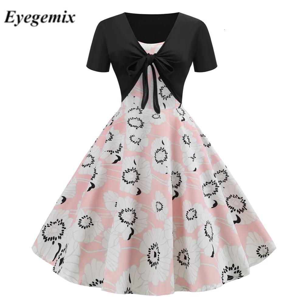 

Summer Dress Women Robe Femme Two-piece Set Short Sleeve 50s 60s Vintage Elegant Rockabilly Floral Party Dresses Plus Size