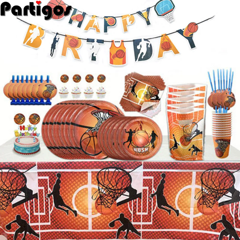 Basketball Party Supplies Disposable Plates Cups Napkins Spoons Forks Knives for Sports Theme Children Birthday Party Decoration